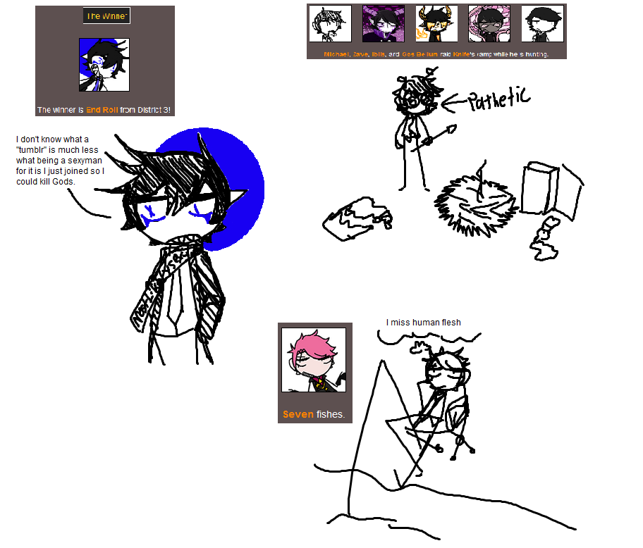 I took characters I had at the time that could concievably fit the definition of tumblr sexyman and put them in the brantsteele hunger games simulator